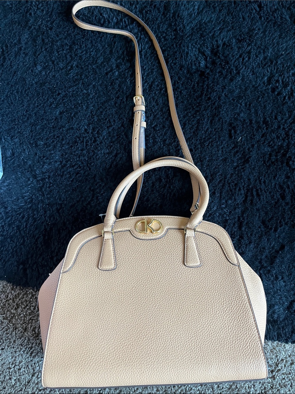 Calvin Klein Beige Pebbled Leather Satchel with Gold Hardware